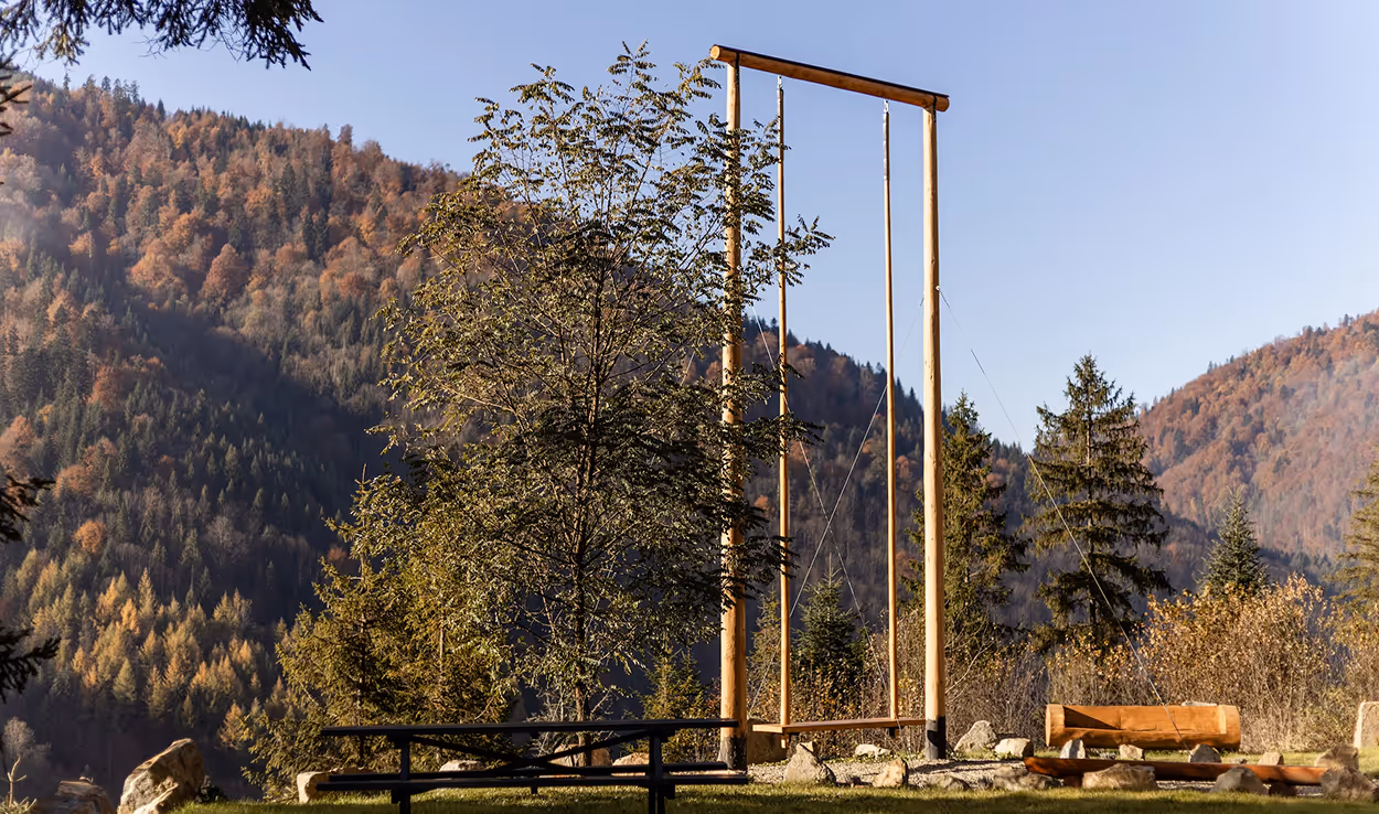 Large wooden swing structure near a picnic table and log bench with forested mountains in background.