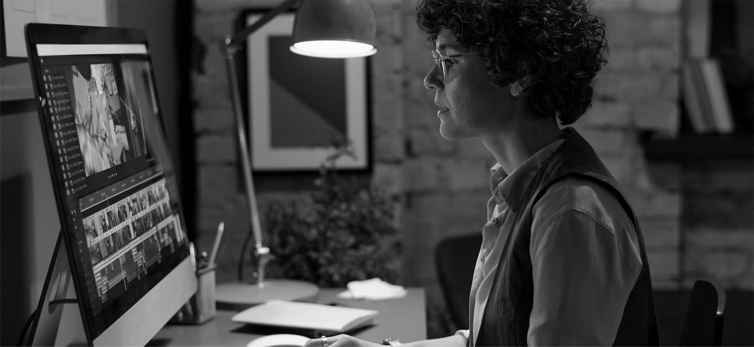 Person with curly hair and glasses editing a video on a desktop computer at a desk with a lamp and notebook.