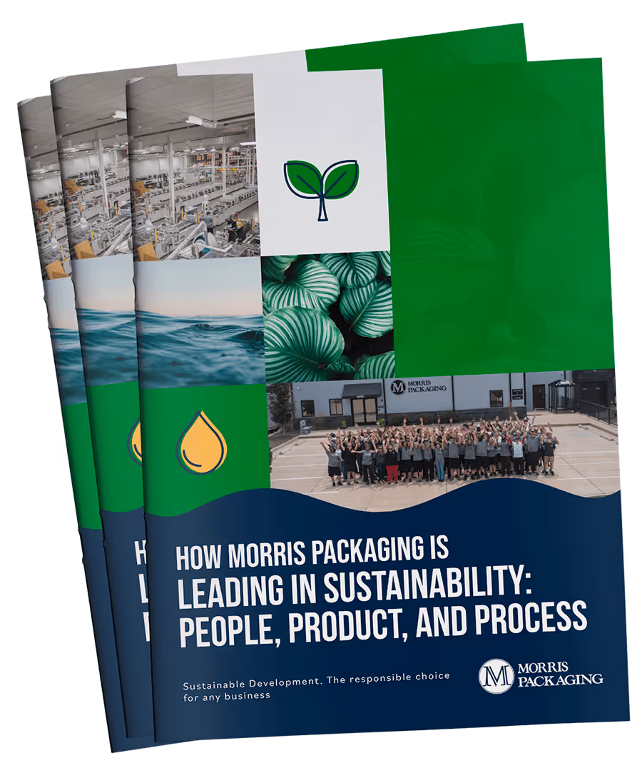 Brochure cover titled 'How Morris Packaging is Leading in Sustainability: People, Product, and Process' featuring images of a factory, ocean waves, green leaves, and a group of employees outside Morris Packaging building.