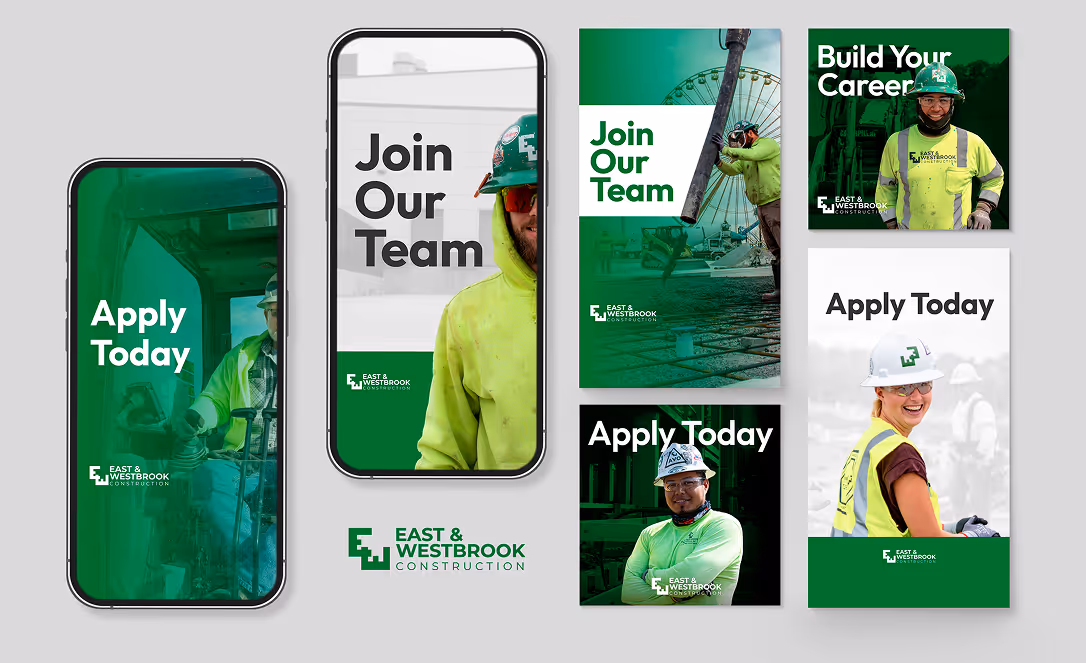 Collage of East & Westbrook Construction recruitment images featuring workers in hard hats and safety gear, with texts 'Apply Today,' 'Join Our Team,' and 'Build Your Career.'