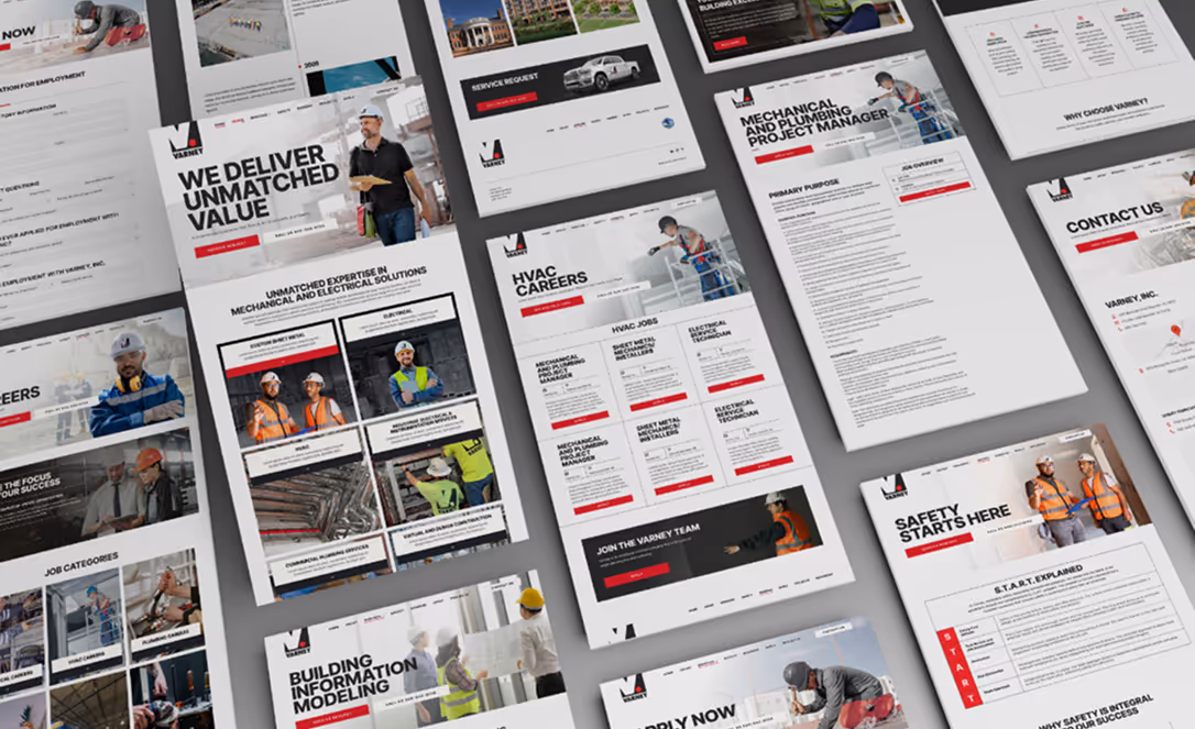 Collection of Varney company webpage designs featuring mechanical, electrical services, careers, safety, and contact information.