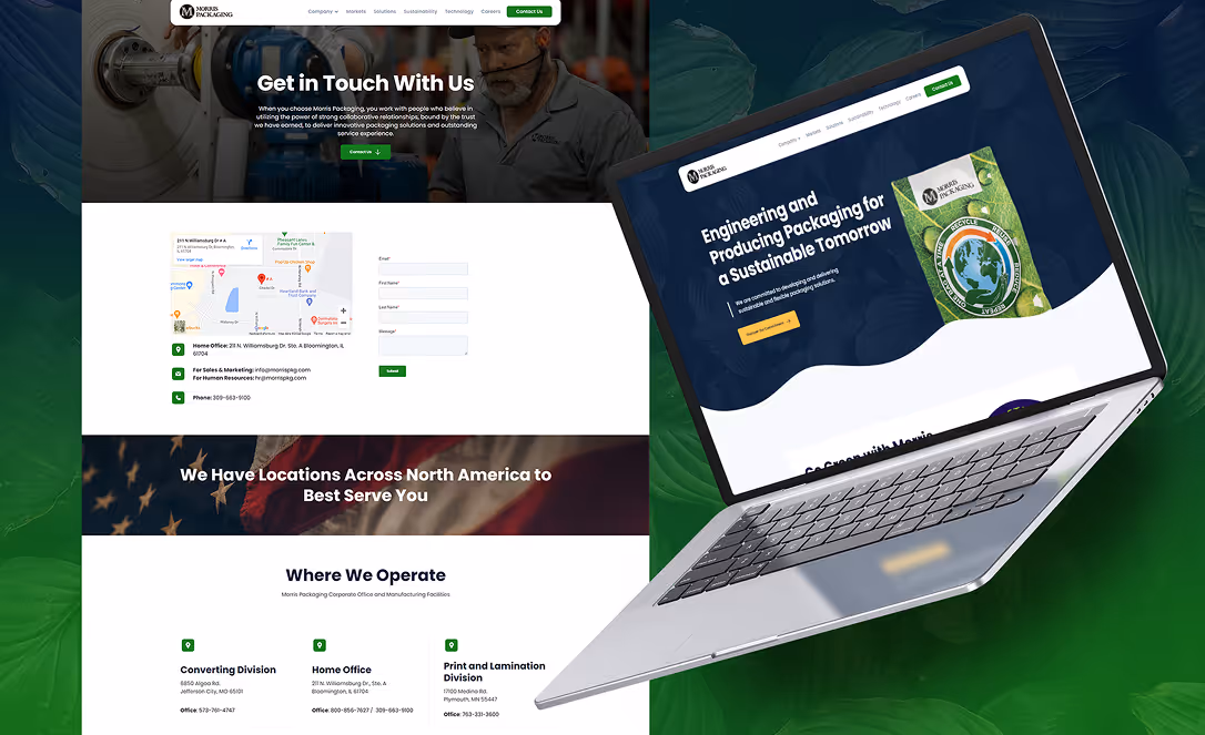 Website contact page with company locations map and contact form alongside tilted laptop showing homepage of Morris Packaging website.