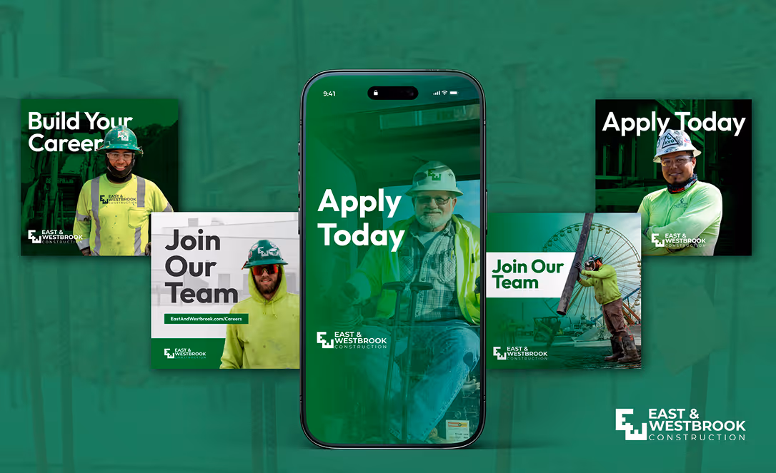 Collage promoting East & Westbrook Construction careers with workers in safety gear and texts: Build Your Career, Join Our Team, Apply Today.