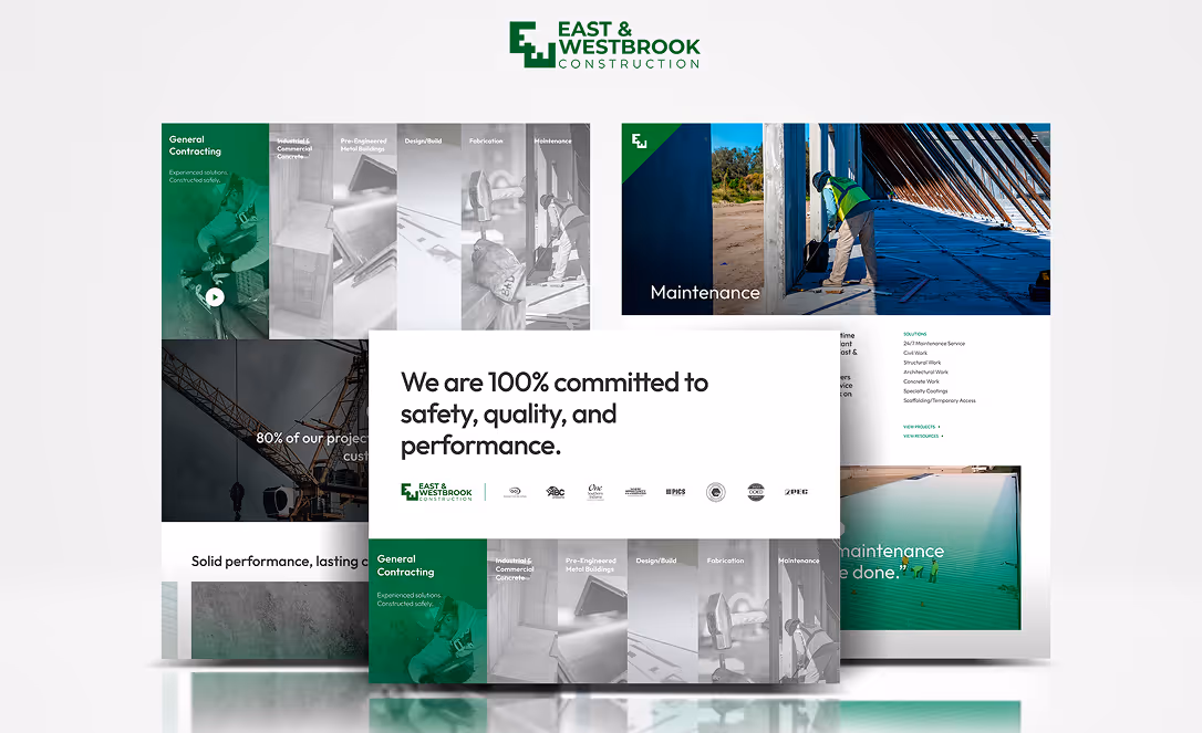 East & Westbrook Construction website screenshots displaying general contracting services, project performance, and maintenance visuals.