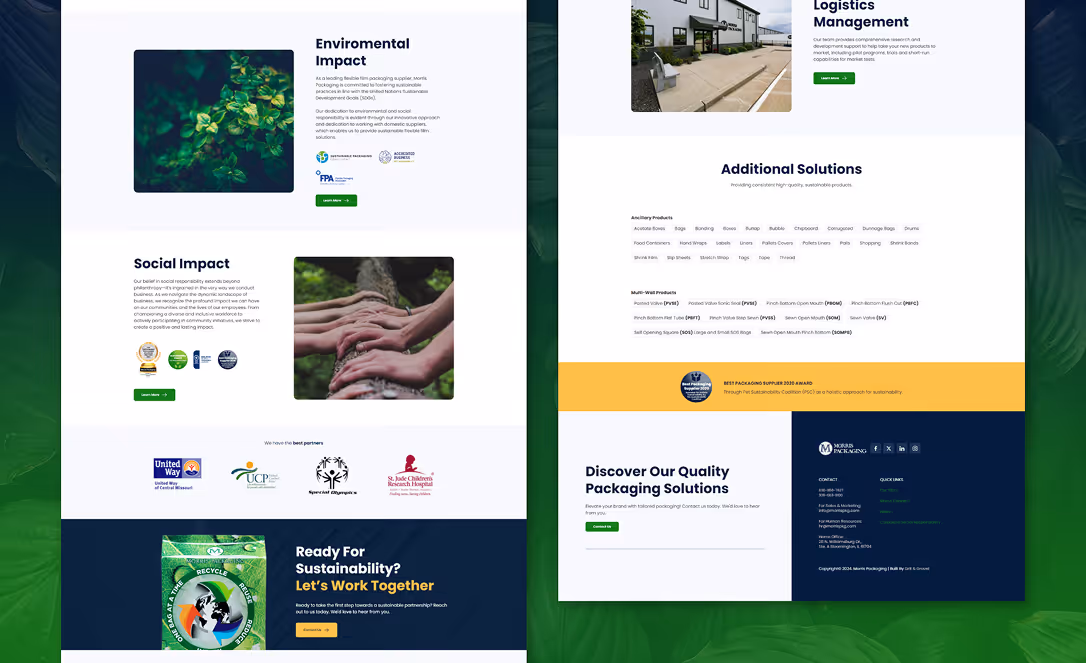 Webpage showing Morris Packaging's environmental and social impact sections, sustainability partnerships, product solutions, and contact information.