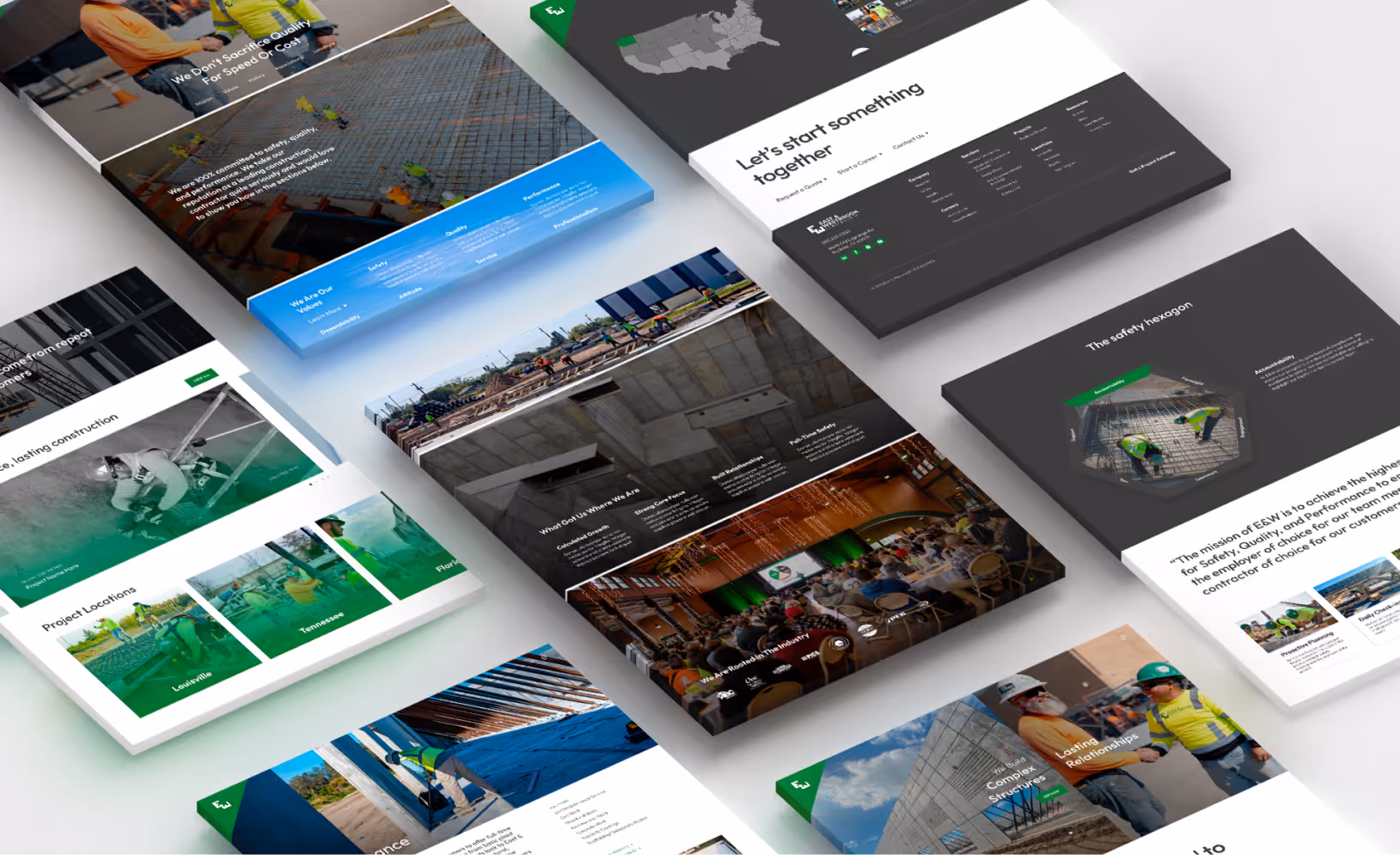 Multiple angled website mockups featuring construction themes, workers, project locations, and company values.