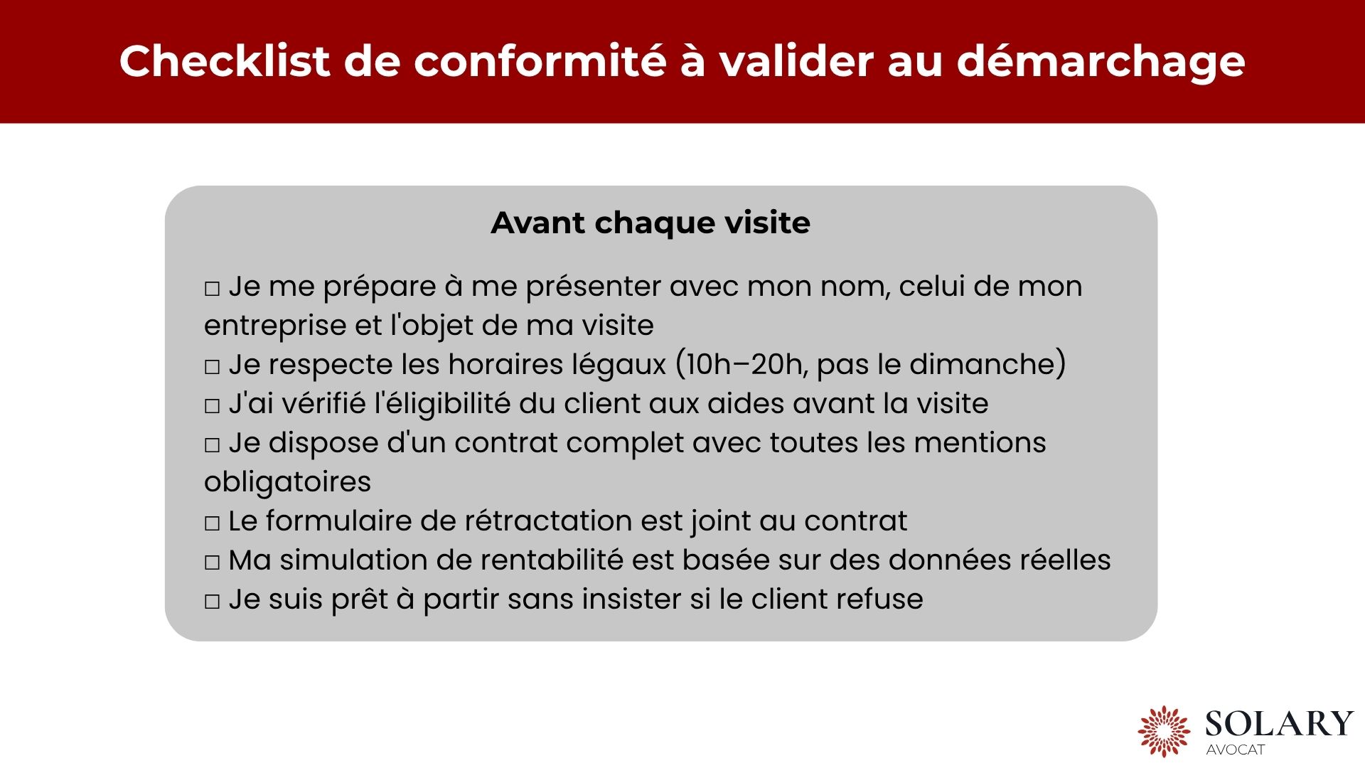Checklist de conformité à valider au démarchage