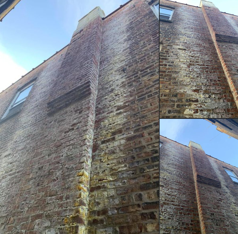 Exterior brick chimney wall on older Chicagoland building showing moisture staining, masonry wear, and visible water intrusion damage requiring chimney and brick restoration services