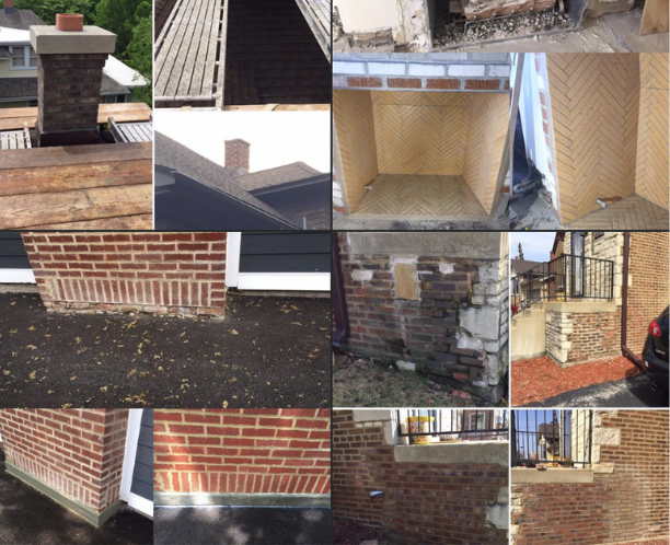 Chicagoland masonry restoration and chimney repair project collage showing rebuilt brickwork, restored chimney structures, repaired masonry walls, and fireplace restoration work on residential properties