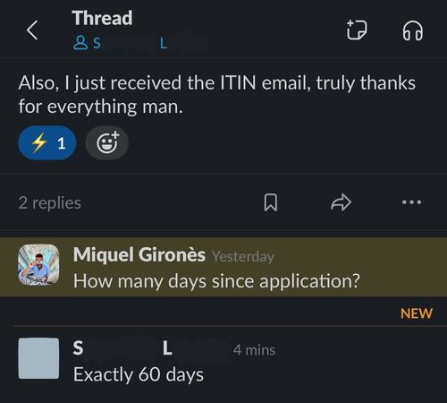 Client confirms the ITIN email arrived and answers the team: exactly 60 days since application