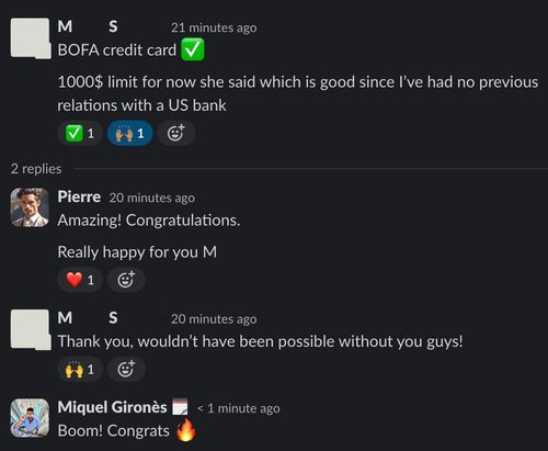 Client reports a Bank of America credit card approved at a 1,000 dollar starting limit with no prior US banking history