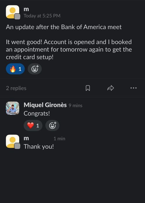 Client reports a Bank of America account opened in person, with the credit card appointment booked for the next day