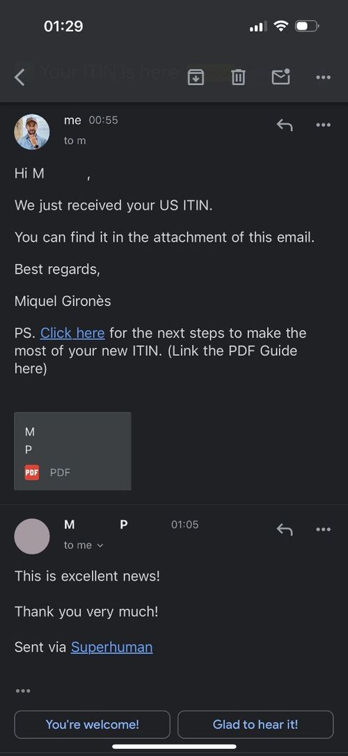 Email delivering a client's US ITIN with the document attached, and the client's reply: this is excellent news