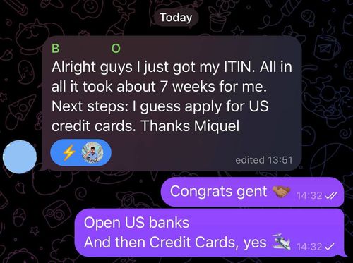 Client reports the ITIN took about seven weeks; the team answers to open US banks first, then apply for cards