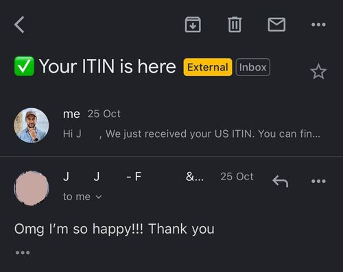 Inbox message titled Your ITIN is here, with the client's reply: I'm so happy, thank you