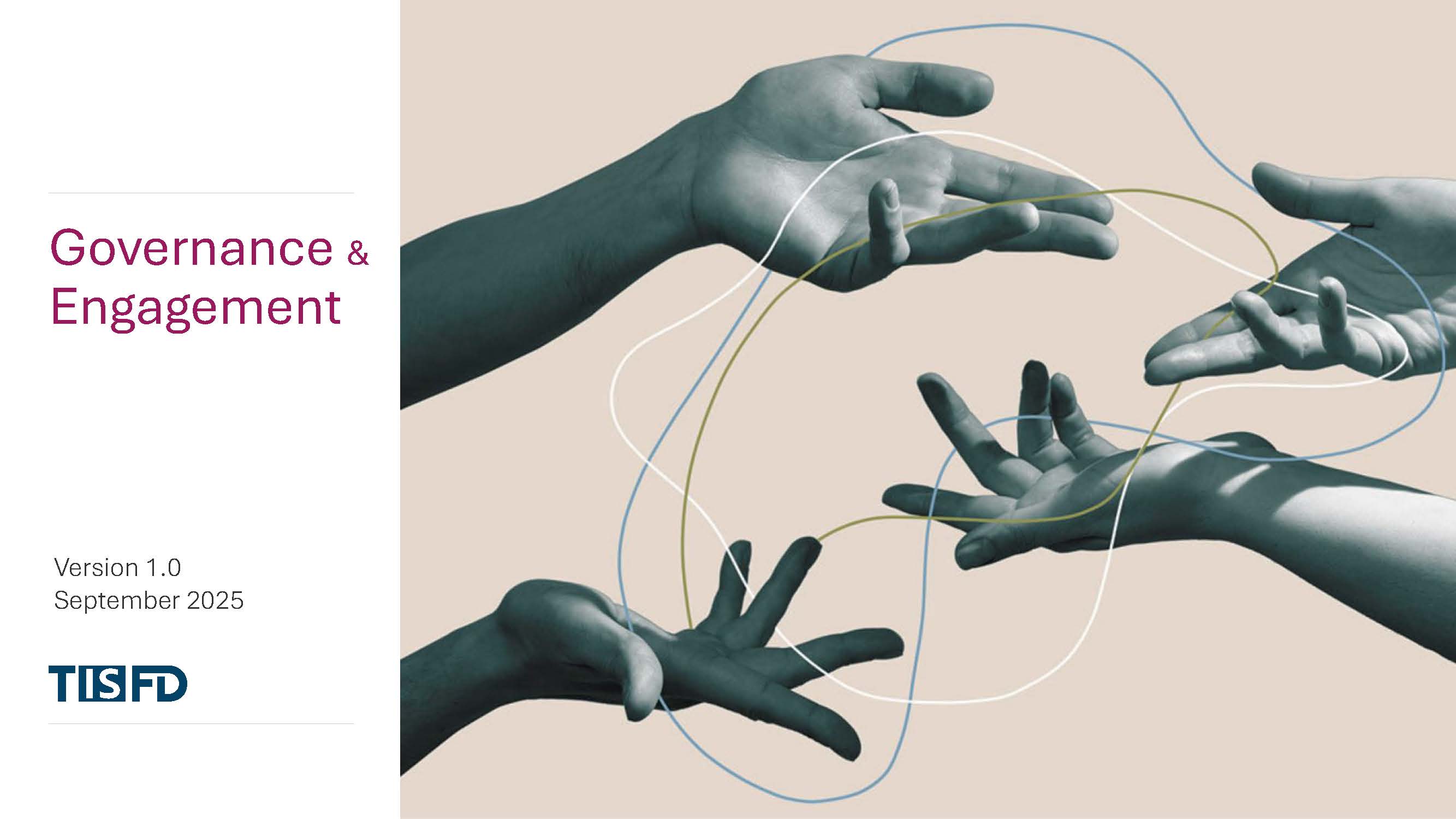 Front cover of the 'Governance and Engagement' Document, hands with intertwined threads.
