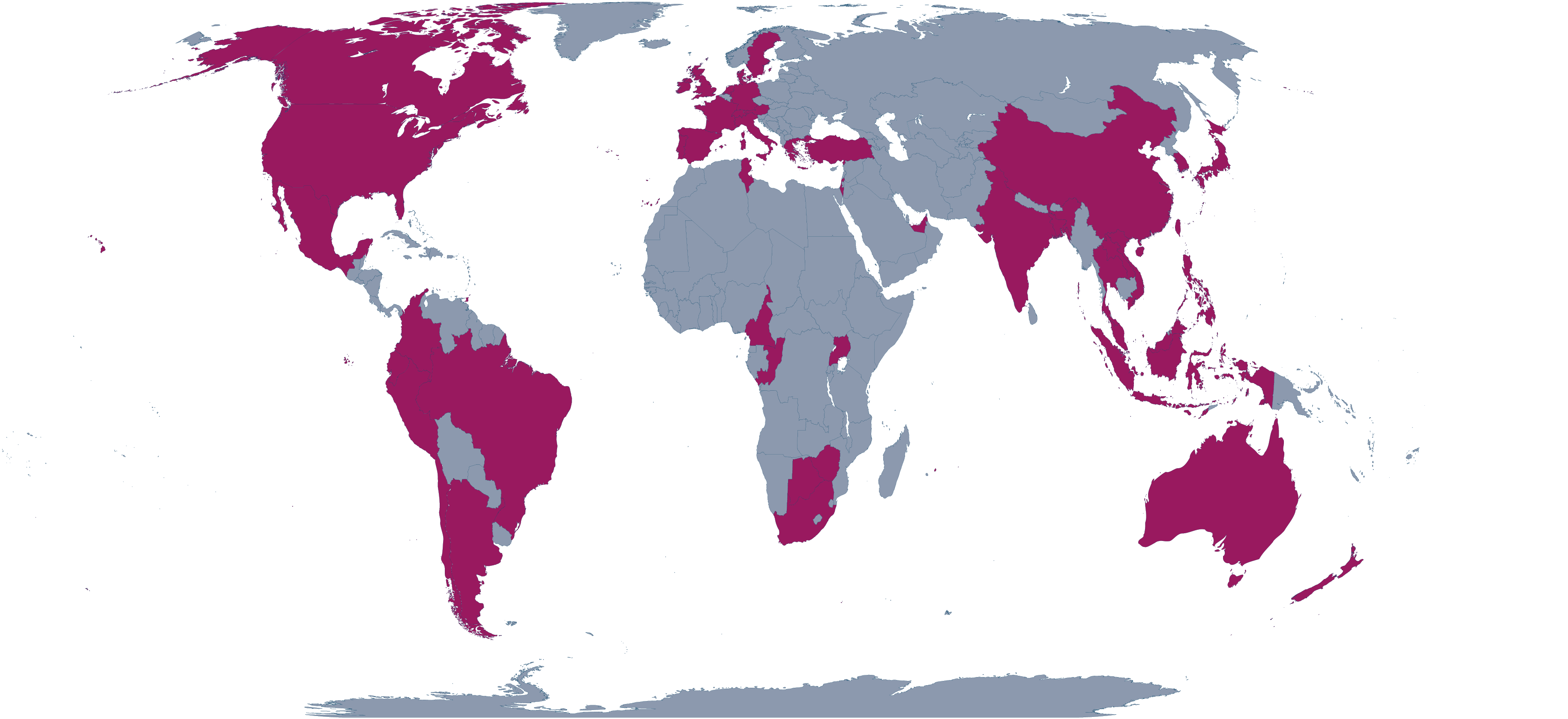Map of the world with countries highlighted in pink where the Alliance has its members.