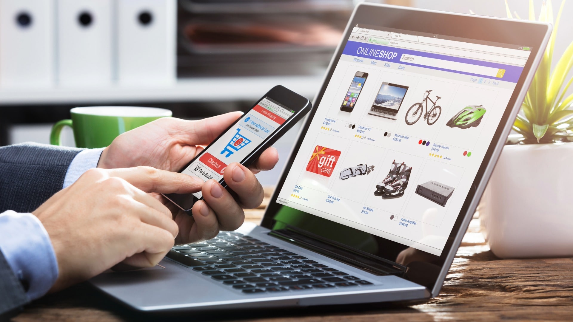 Person shopping online with two different devices to check pricing for surveillance pricing. 