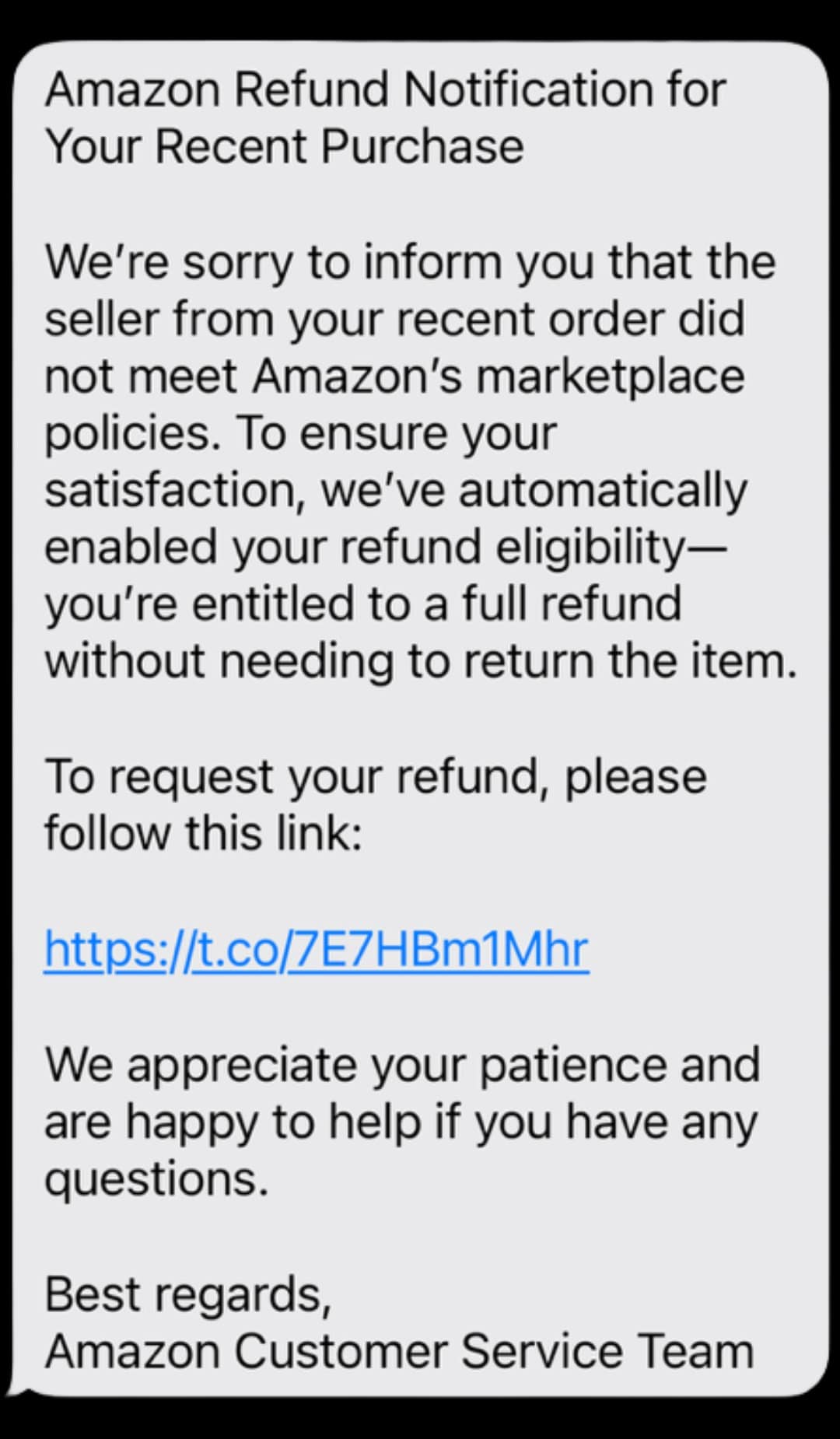 Amazon refund scam text example