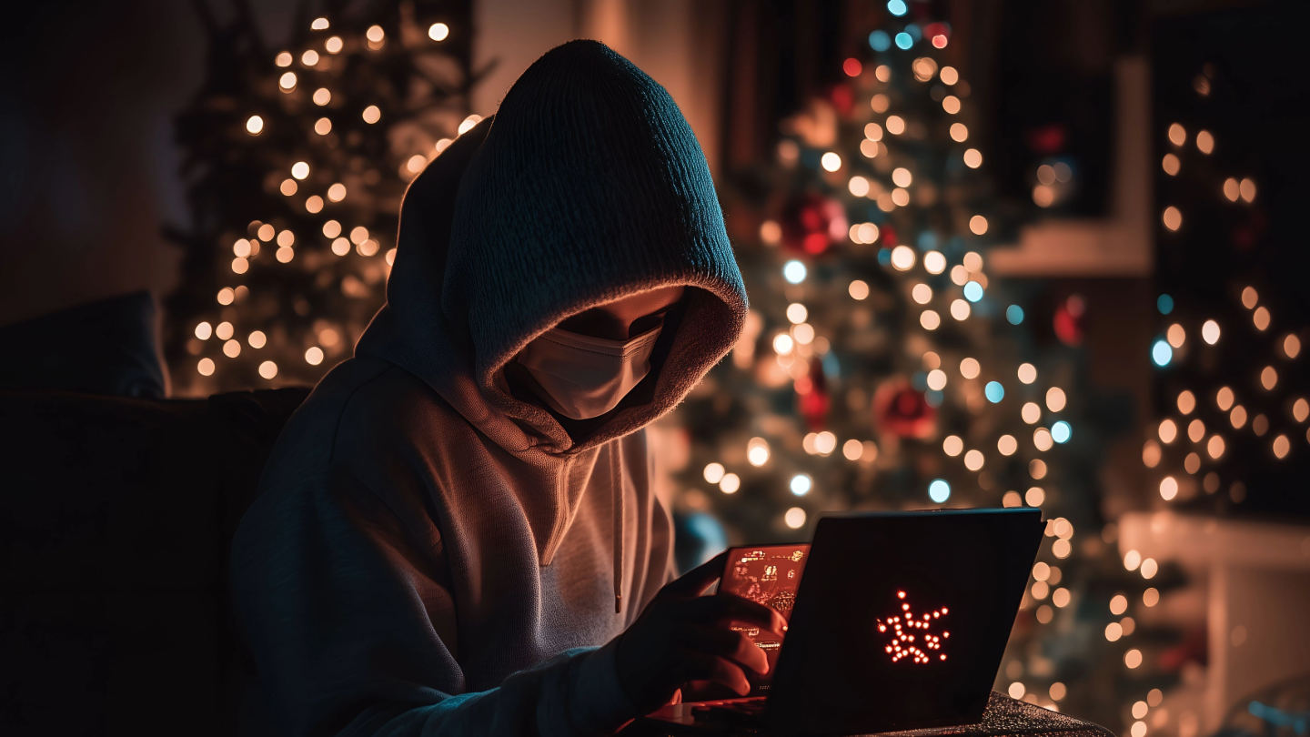 Hacker in a hoodie using a laptop in front of Christmas lights, symbolizing online identity theft risks during the holiday shopping season.