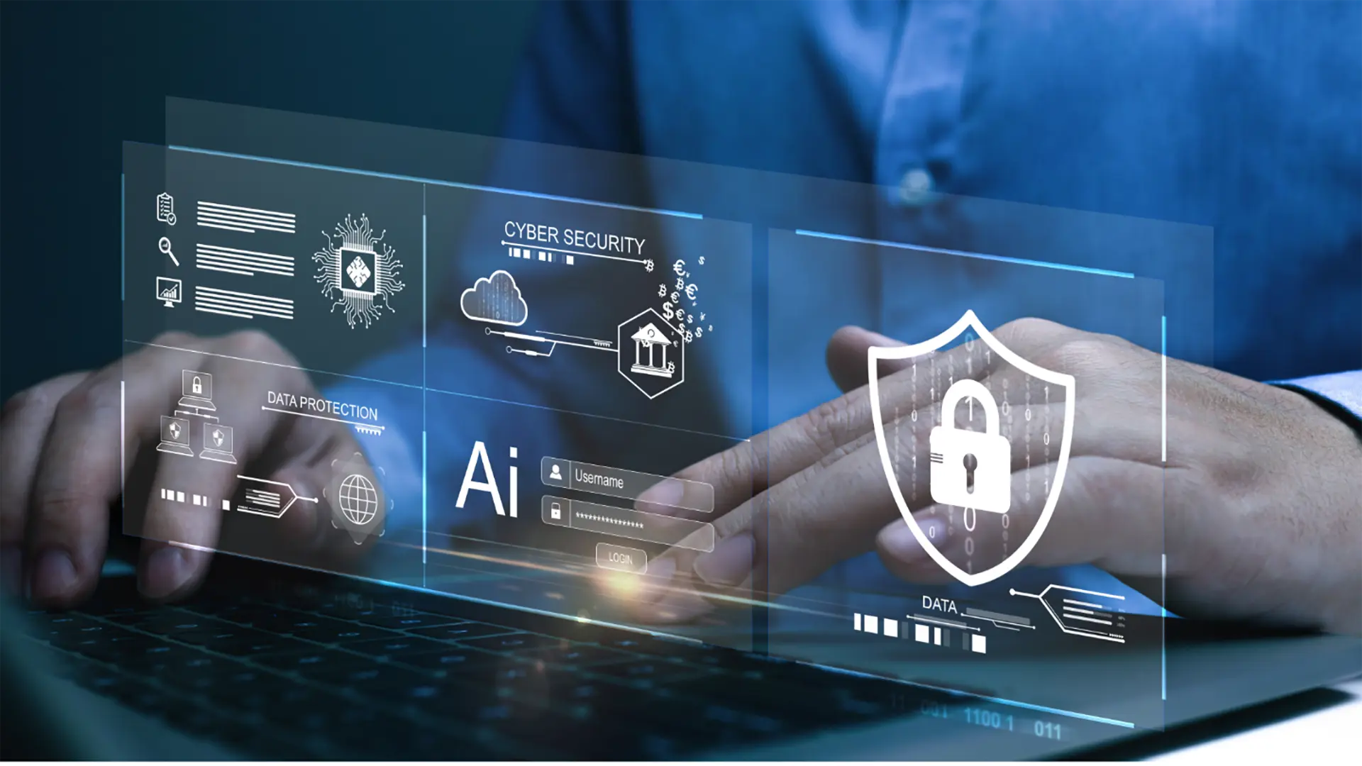 Identity theft monitoring and cybersecurity icons on laptop screen.