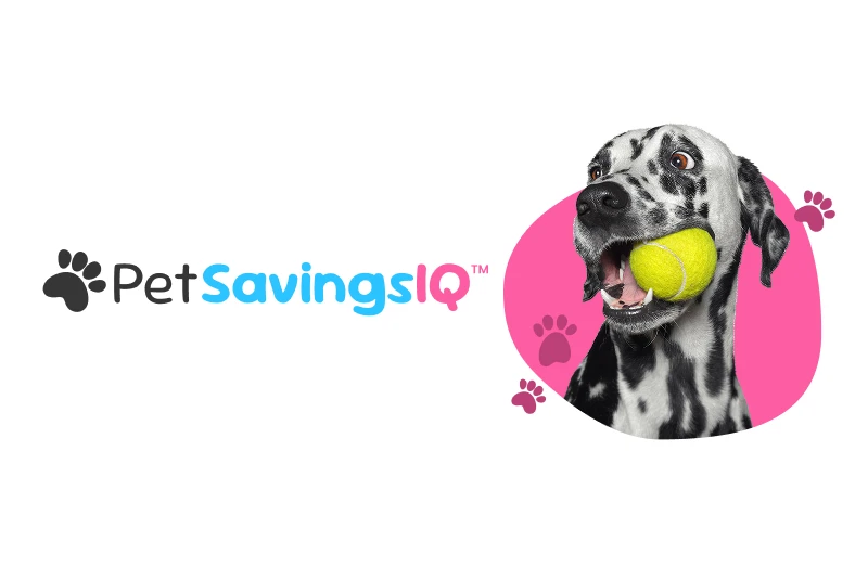 PetSavingsIQ logo beside a Dalmatian holding a yellow tennis ball in its mouth, set against a pink backdrop with paw prints.