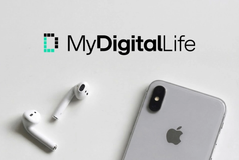 MyDigitalLife logo over a light gray surface with white earbuds and a silver smartphone.