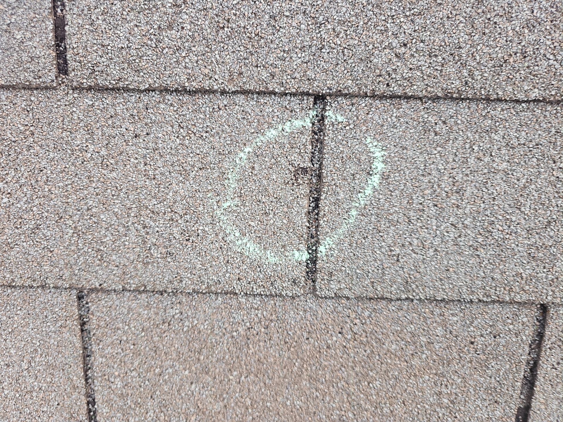 Minnetonka emergency leak inspection, circled opening in asphalt shingles.