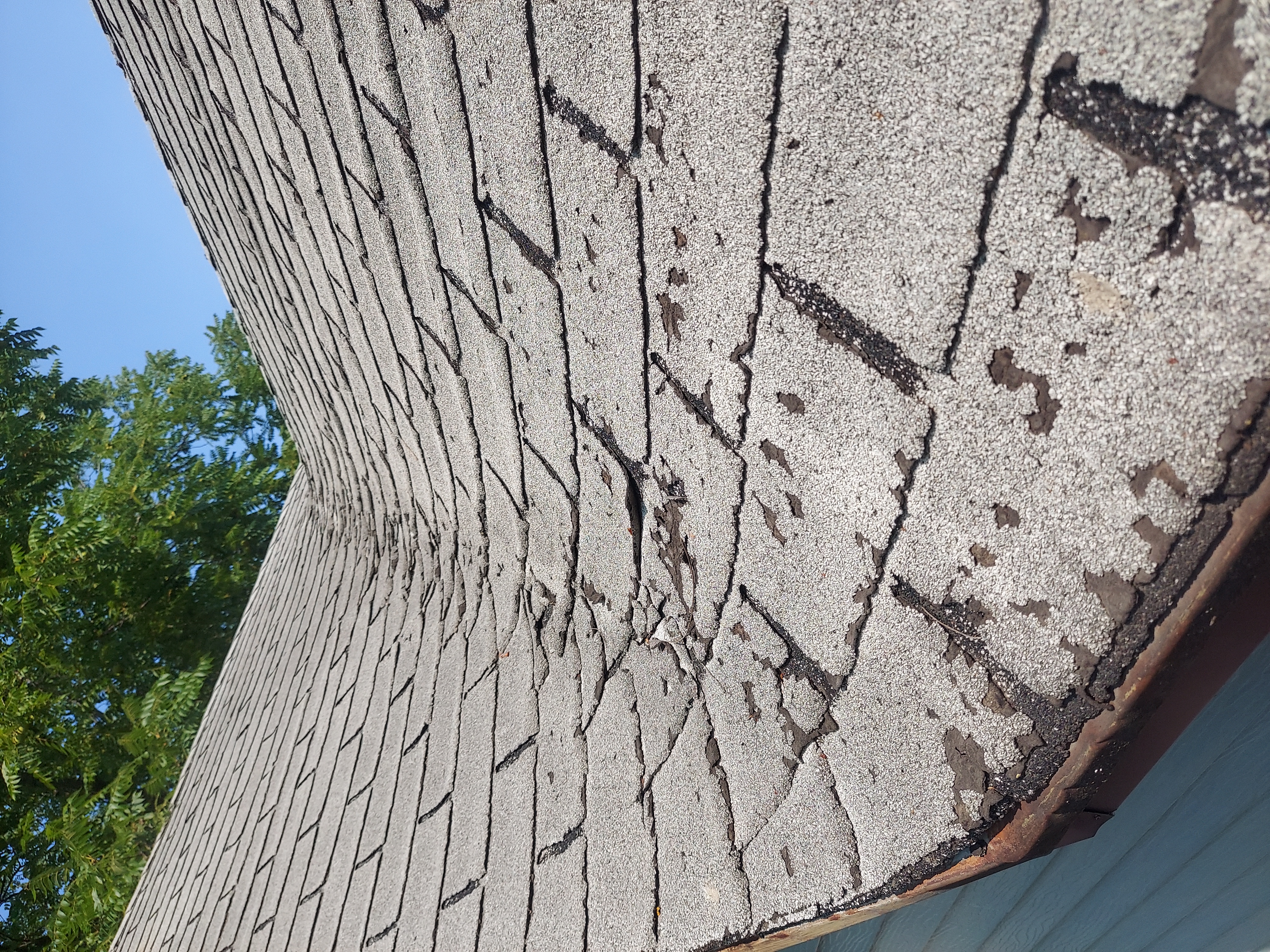 Deteriorated roof valley and damaged shingles documented during a Minnetonka leak inspection.
