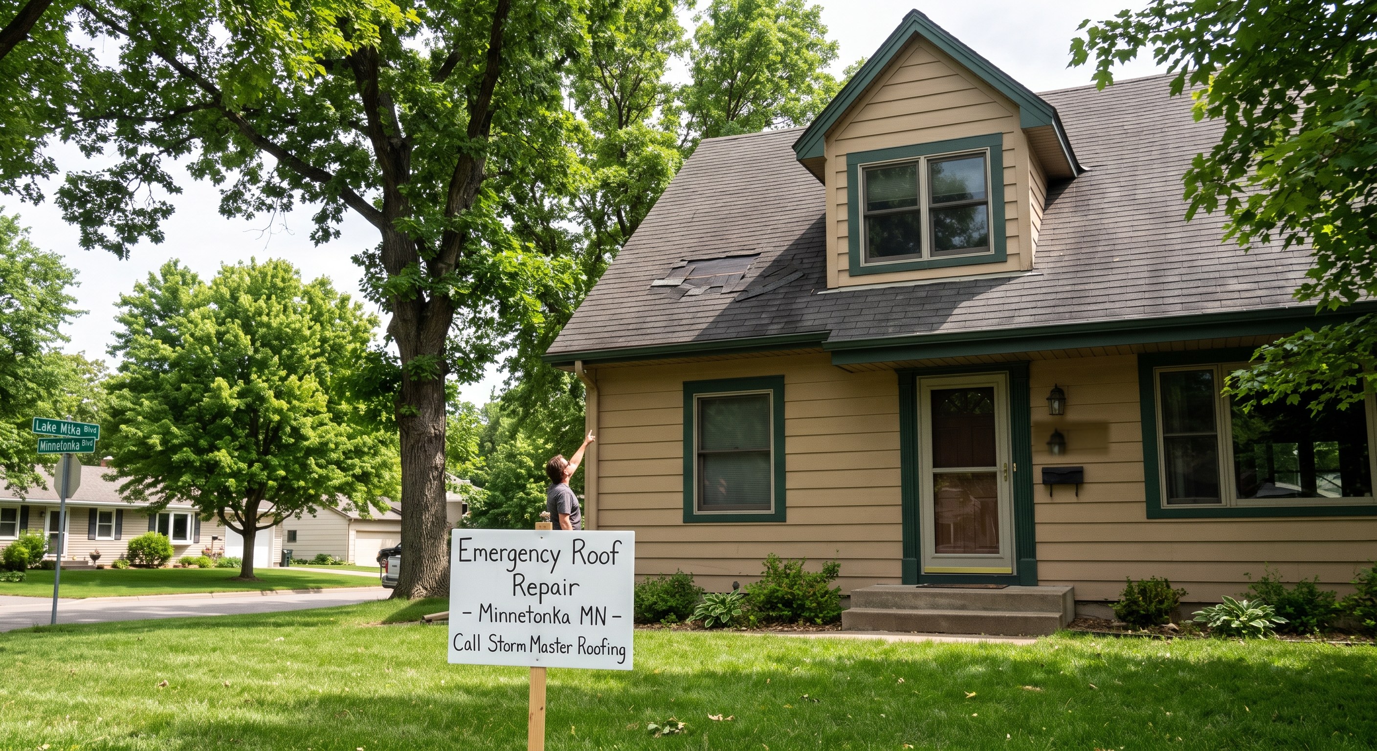 Emergency roof repair in Minnetonka MN — Storm Master Roofing crew checking storm damage
