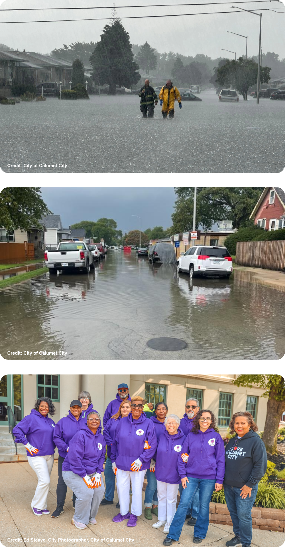 Collage of flooding images and a group photo