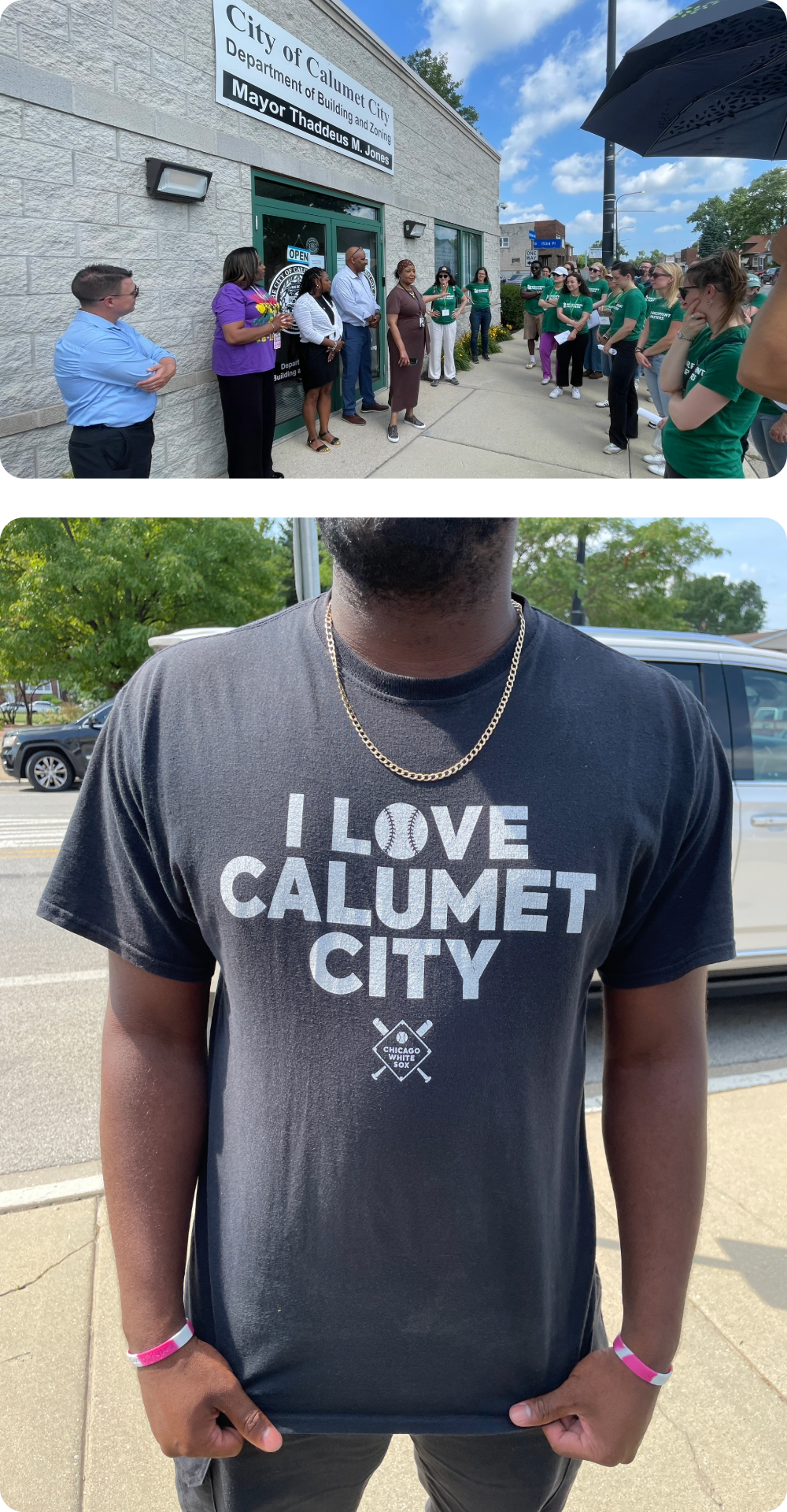Collage of group photo infront of City Hall and a man wearing an "I Love Calumet City" tshirt