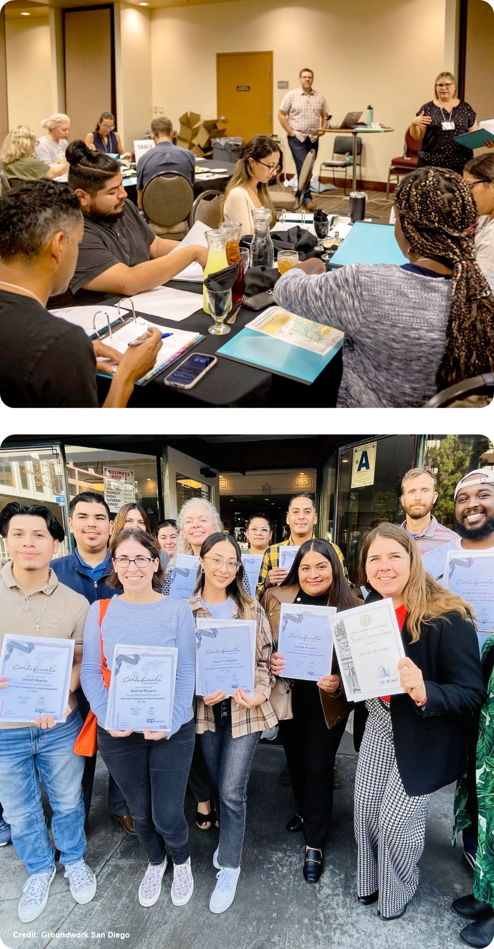 collage showing a room of people and people holding certificates 