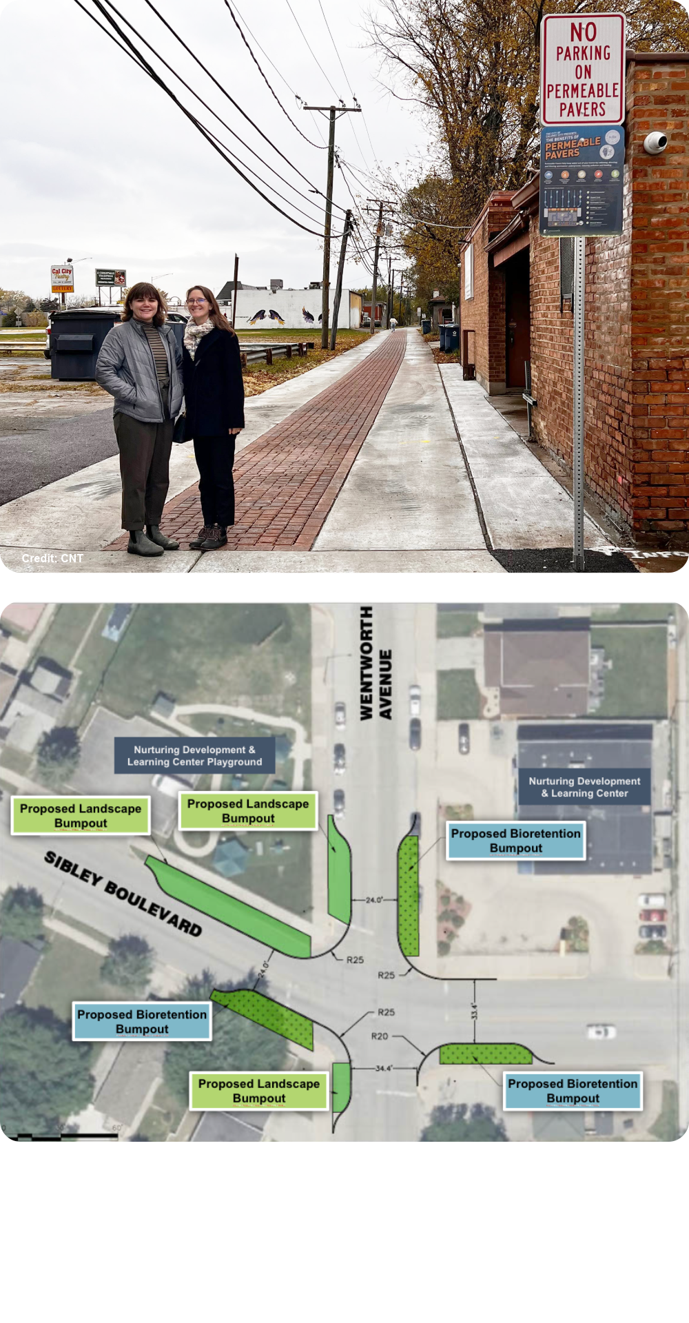Greenprint planners Anna Jentz and Sydney VanKuren post with the new green alley in Calumet City