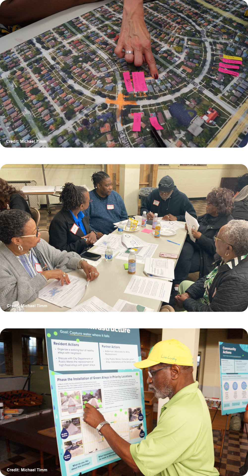 Collage of community members looking at maps and posters 