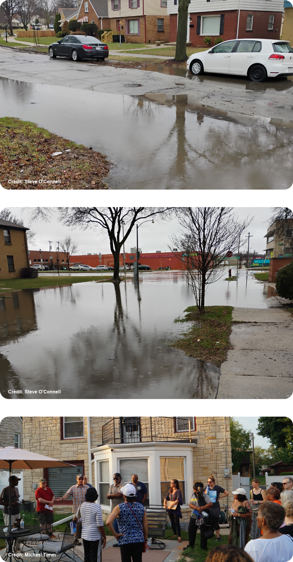 Collage of street flooding and a group of people gathering in a backyard 