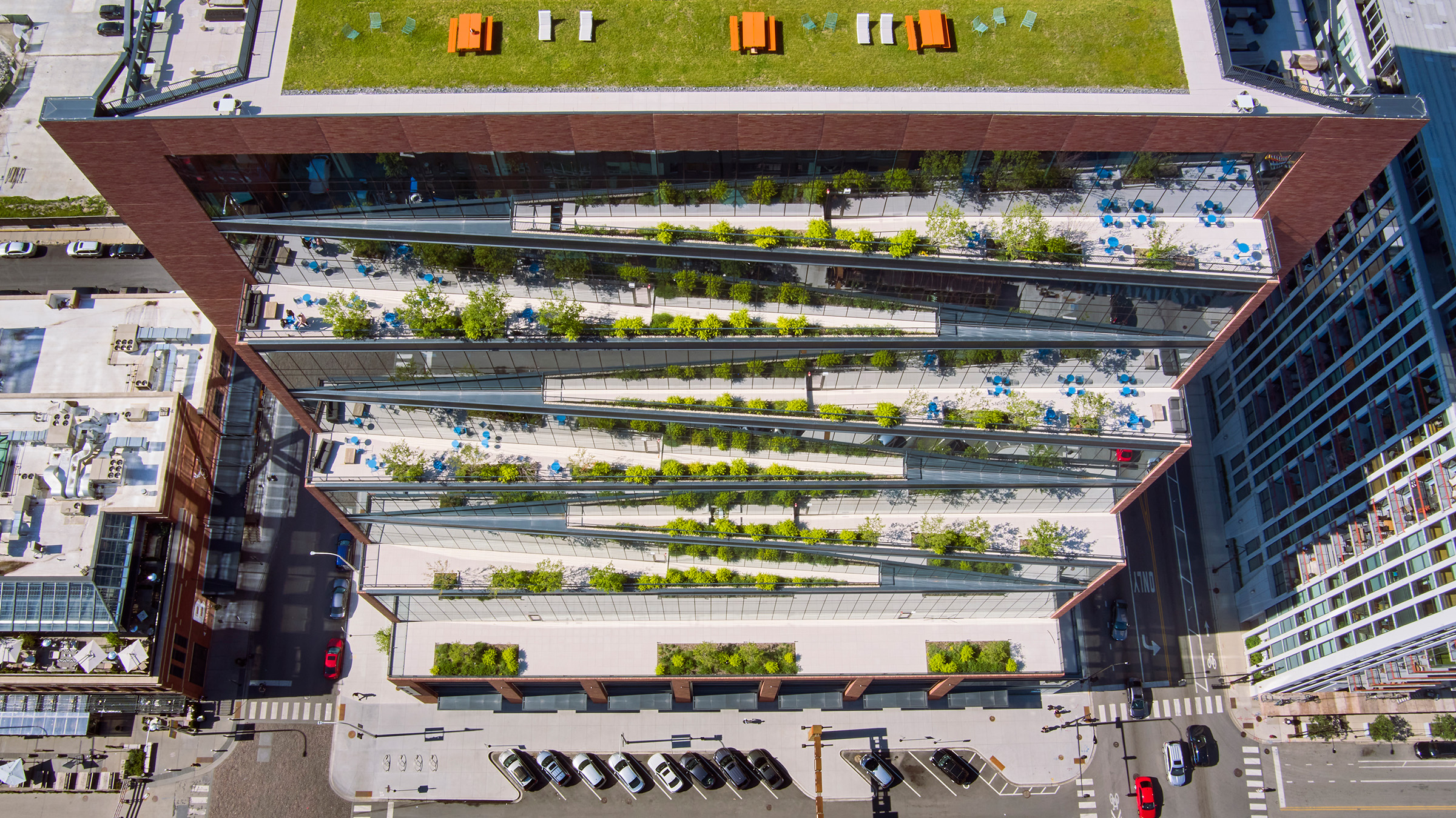 Aerial photo of the cascading terraces lush with greenery. Photo: SOM