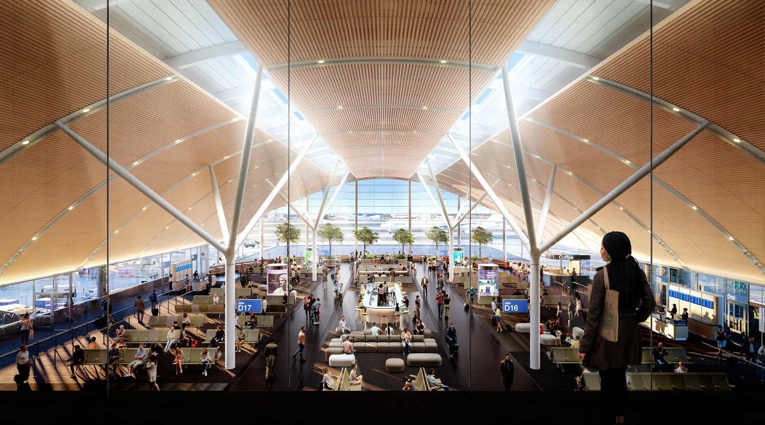 bright airport interior with plants and people