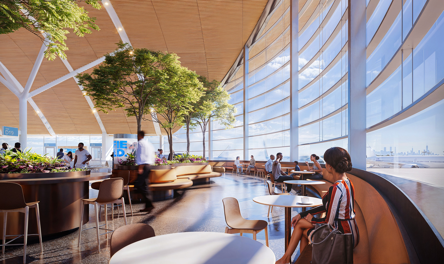 bright airport interior with seating and trees