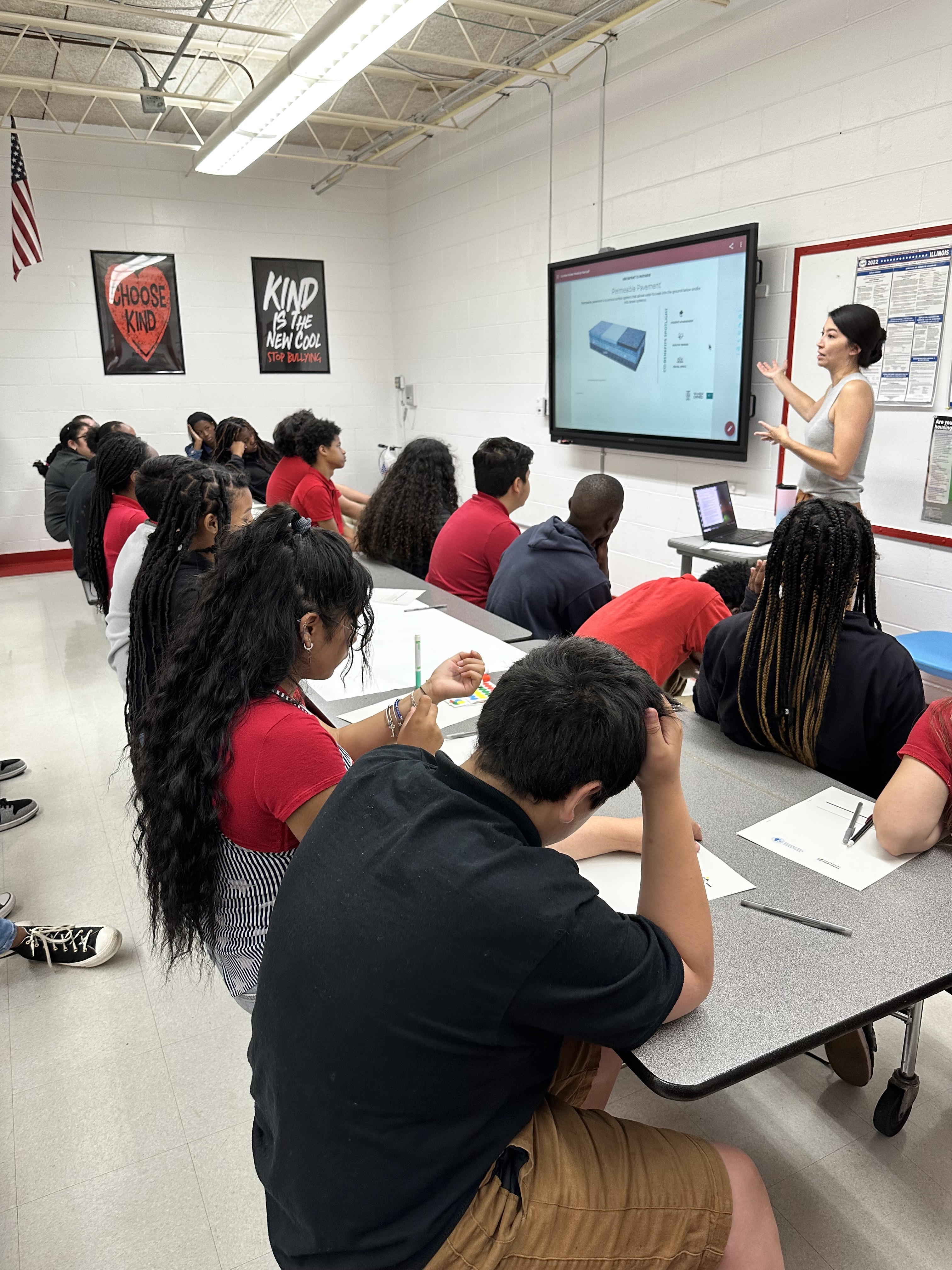 Woman giving presentation to elementary school students