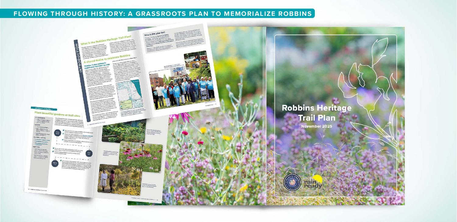 A cover image of the Robbins Heritage Trail plan features purples and greens of native plants. Two inside spread pages sit atop the cover image spread to illustrate the contents.