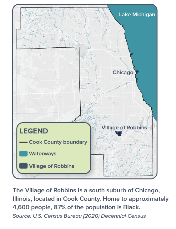 Map showing Robbins' location relative to the Cook County boundary and Lake Michigan