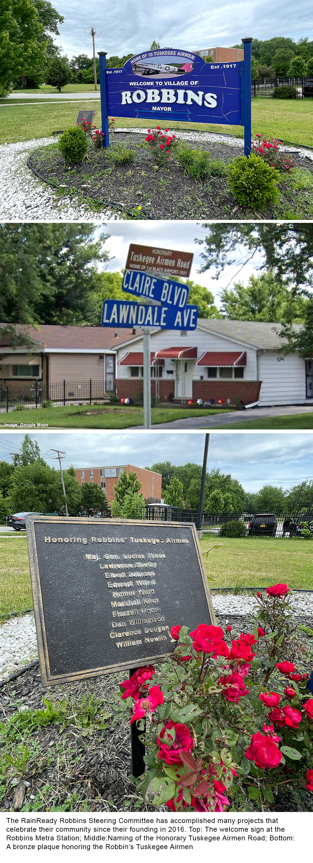 Top: Blue and white welcome sign at Robbins Metra station; Middle: Road signs at Claire Blvd and Lawndale Ave, where a brown honorary Tuskegee Airmen Road sign appears; Bottom: bronze plaque listing the names of the 10 Tuskegee Airmen