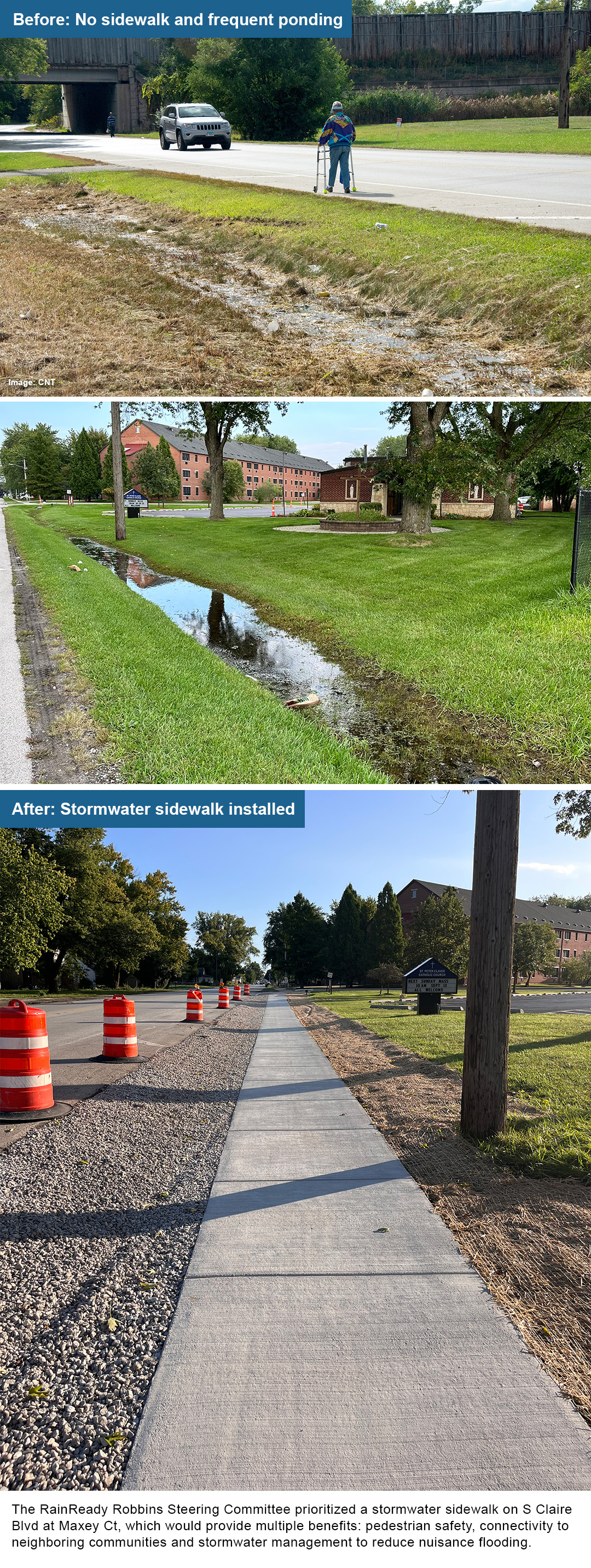 Before images showing flooding alongside Claire Blvd where there is no sidewalk, and a pedestrian with a walker travels on the road. The after image shows a freshly installed stormwater sidewalk