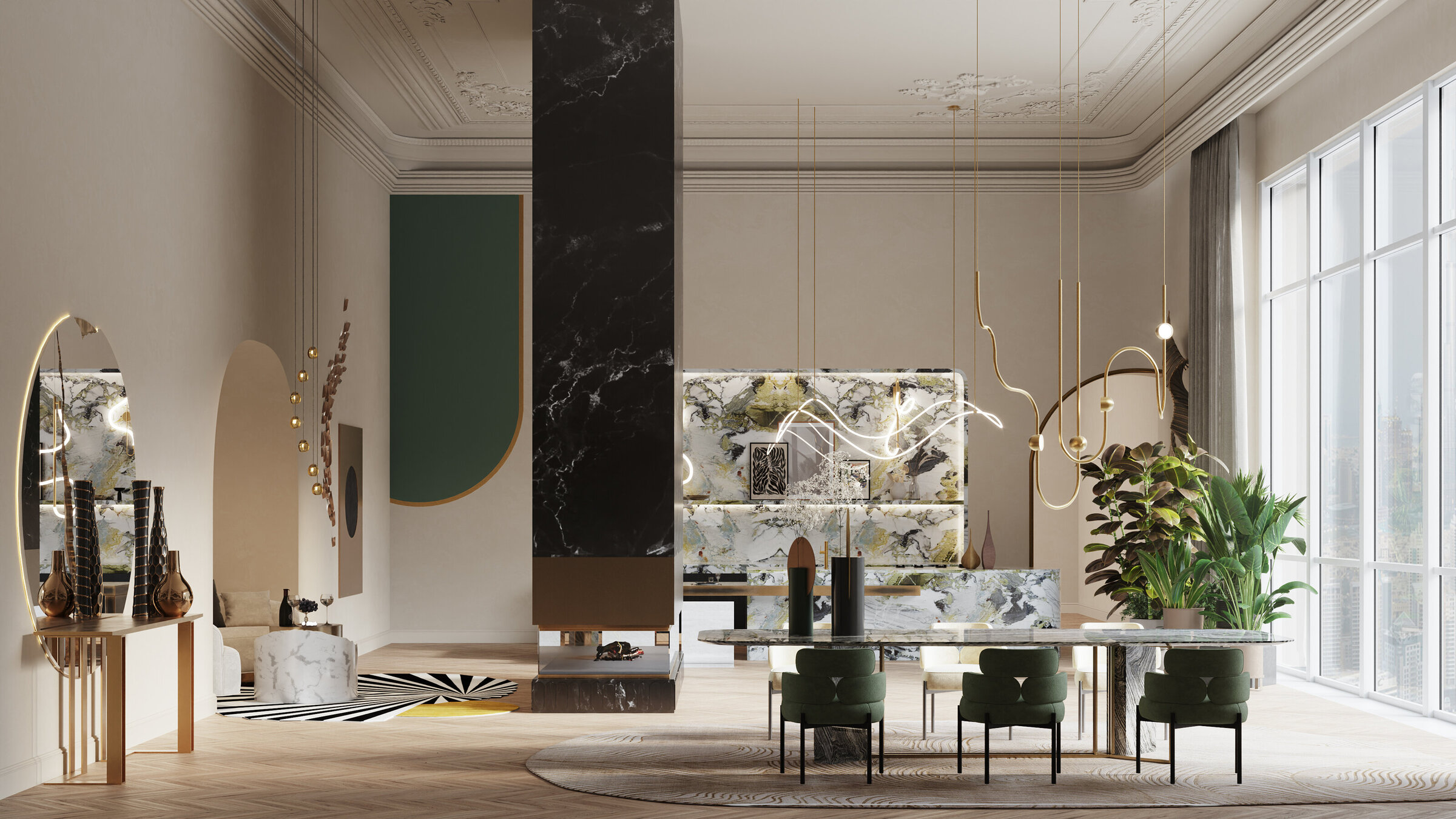 Ovature lighting in a marble kitchen, interior by Isabel Gomez Studio