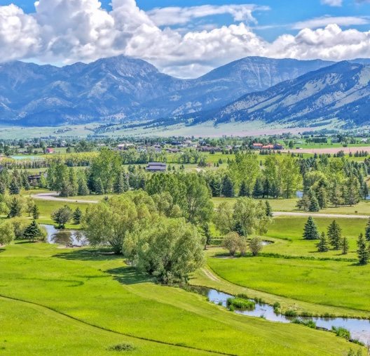 A tree-lined pond in Bridger Lake Meadows with mountains beyond