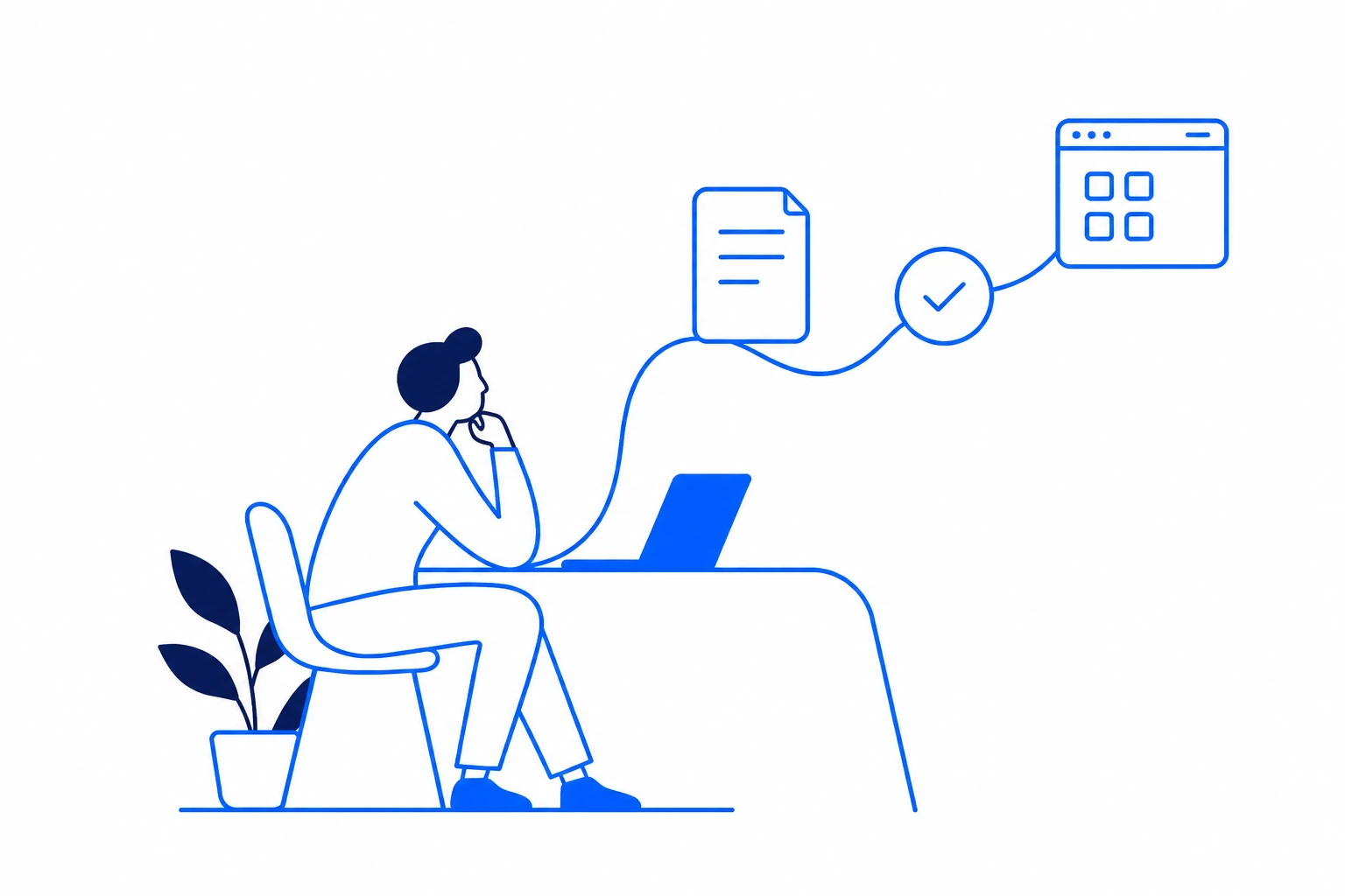 A person at a laptop, with a flowing blue line connecting documents, approvals and business systems.