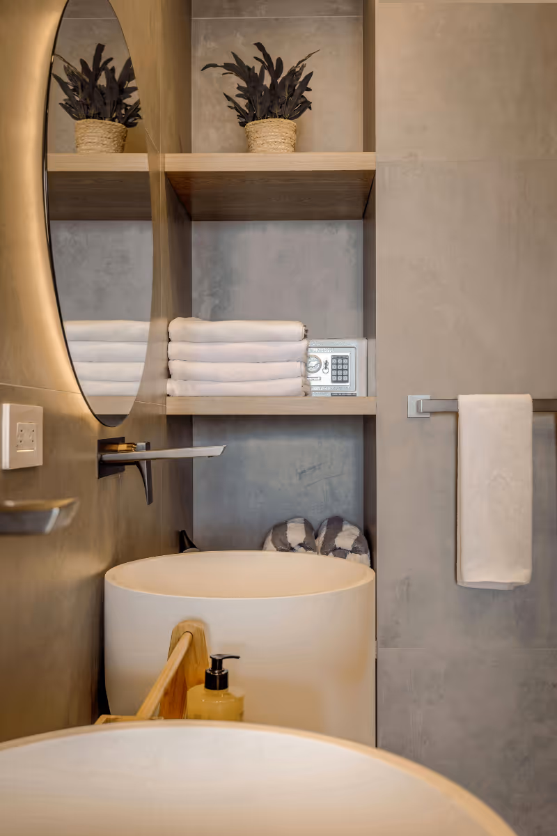 a minimalist bathroom storage solution