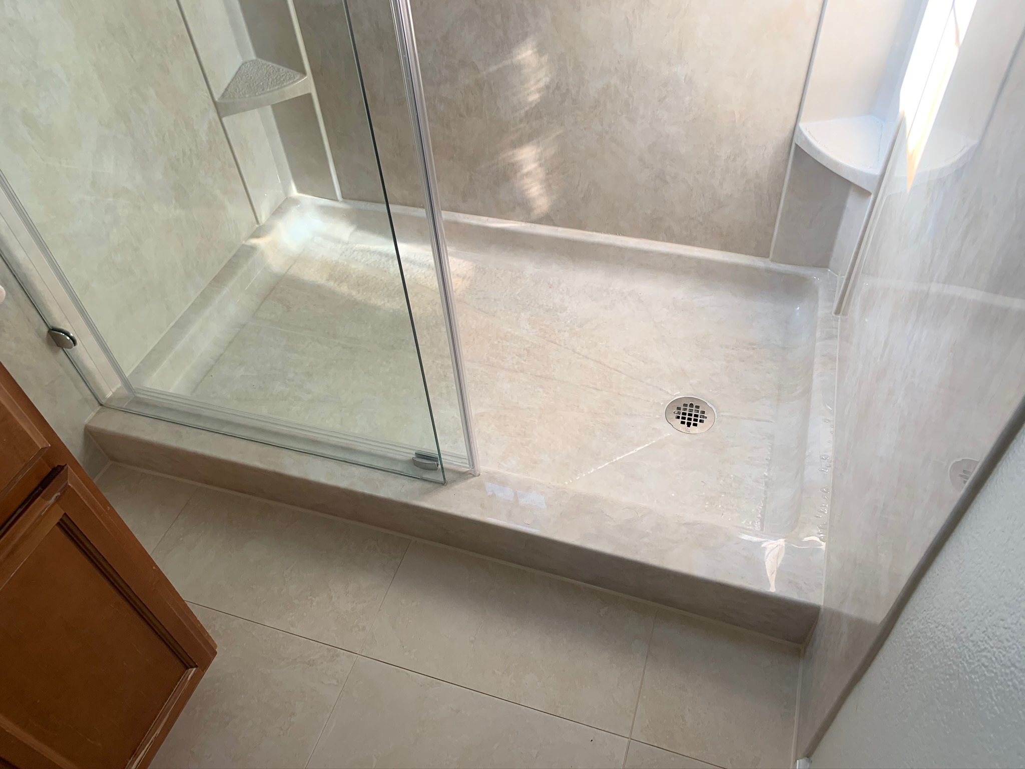 shower with non-slip flooring for aging in place bathroom 