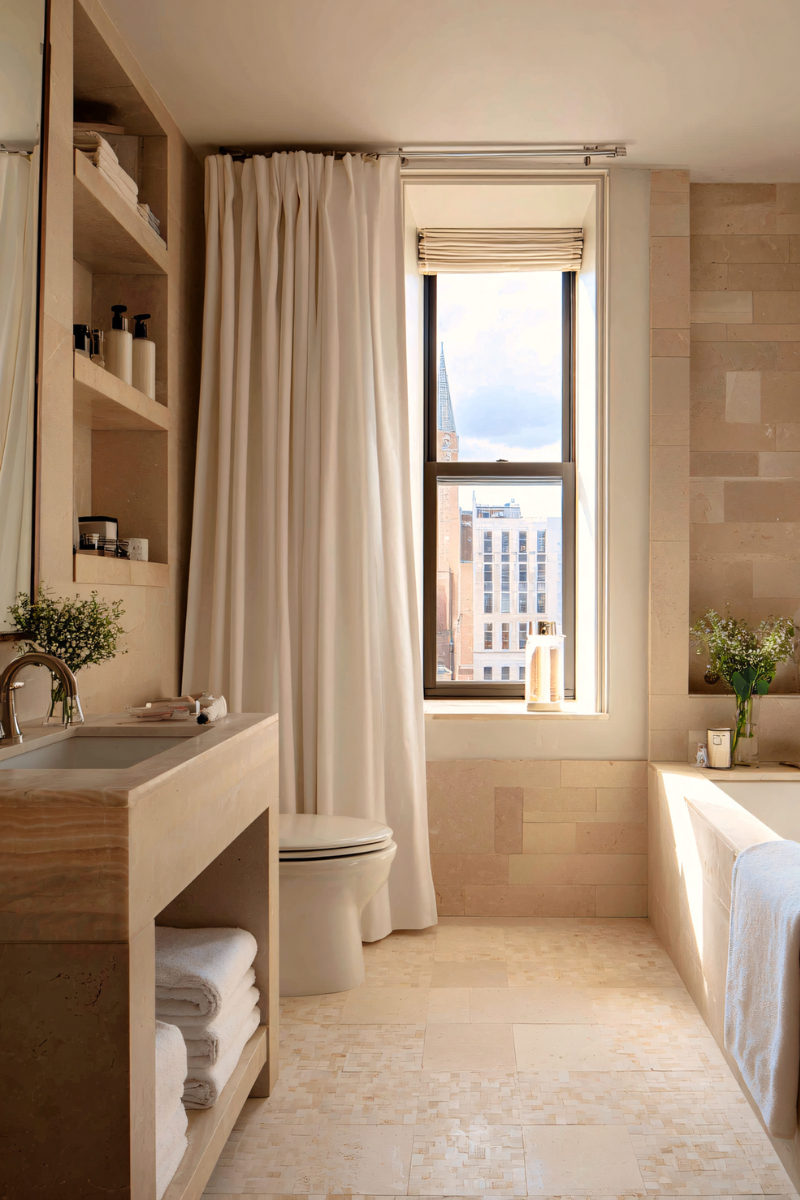 main bathroom in southern california with earthy color palette